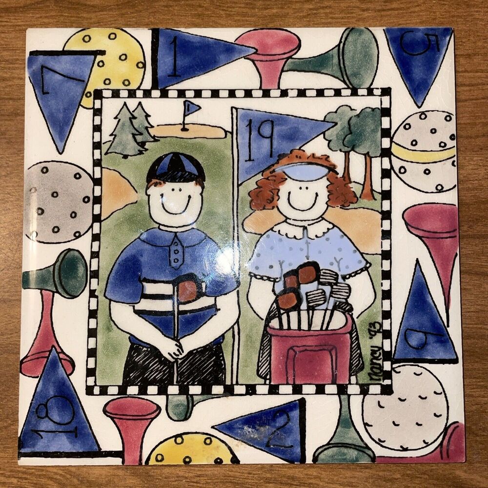 Vtg Golfers Tile Trivet Hand Painted Signed 1993 England H & R Johnson